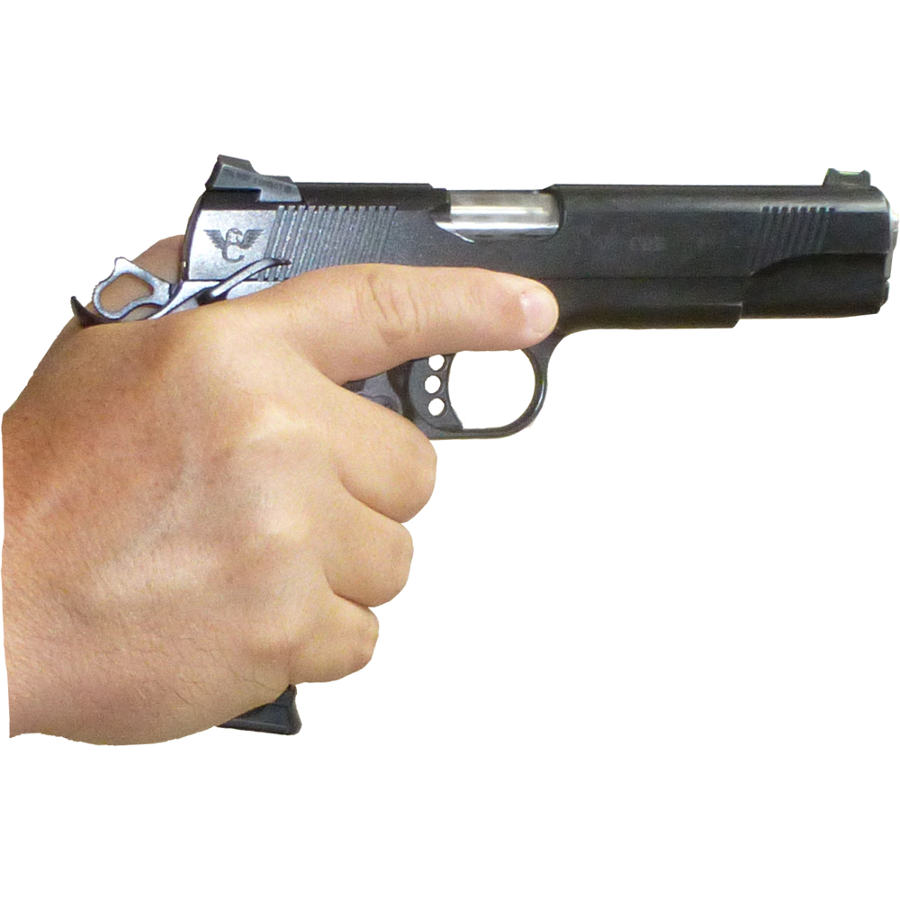 Через gun. Фото пистолета на белом фоне с рукой. Hand with Gun.